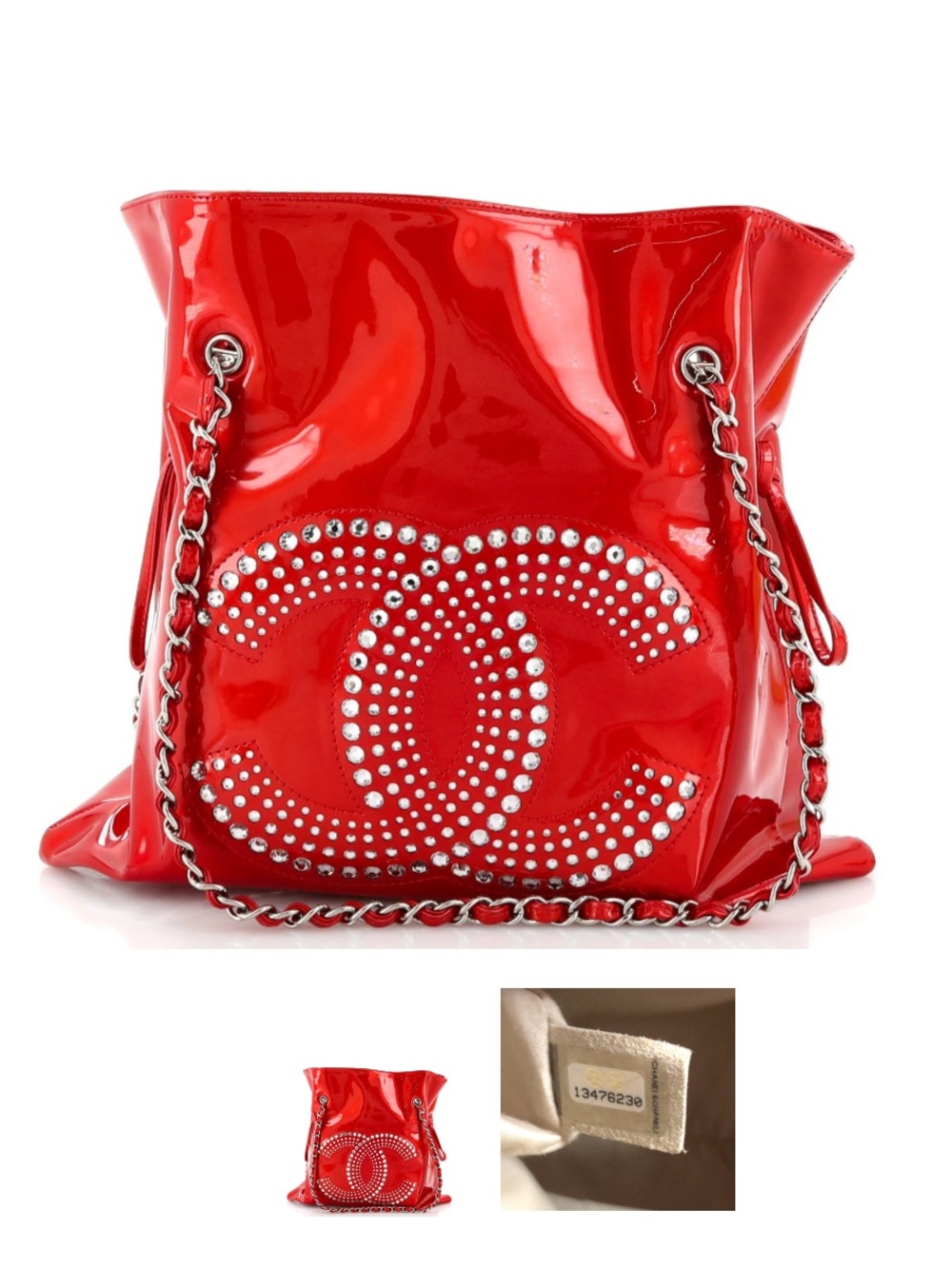 CHANEL Bon Bon Tote - Medium Red patent with rhinestones - Picture 13 of 15